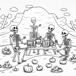 image with black lines on a white background illustrating skeletons enjoying a picnic in a graveyard for coloring in large basic shapes coloring book style no solid fill large white space for easy coloring ideal for kids enhanced line clarity