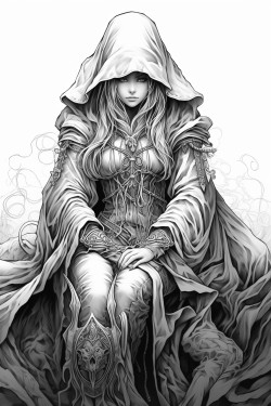 tiefling with hooves anime style with a long dress and a longer robe with a hood long wavy hair