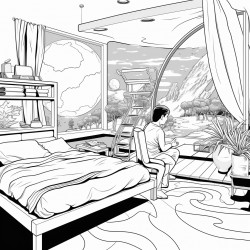 futuristic space house with glass ceiling and boy in bed