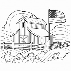 american flag white fence and a barn