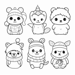 coloring book page white background cute kawaii animals in christmas scenes