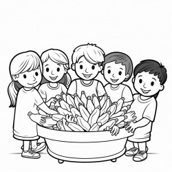 children gathering canary bananas coloring page black and white line art white background simplicity ample white space
