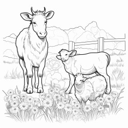 a cow and a sheep and a pony with some chickens in a paddock with daisies and grass