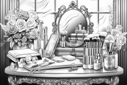 a chic vanity with an elegant mirror surrounded by makeup brushes foundations eyeshadow palettes and lipstick tubes