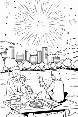 family picnicking in a park while fireworks are in the sky