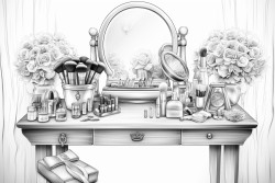 a chic vanity with an elegant mirror surrounded by makeup brushes foundations eyeshadow palettes and lipstick tubes