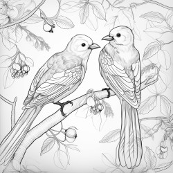 create a blackandwhite coloring page featuring birds perched on tree branches the birds should have bold clear outlines with large wings and simple features for easy coloring the branches should be detailed but uncluttered allowing for large spaces between the leaves and birds