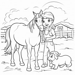 horses with youngbgirl on a farm