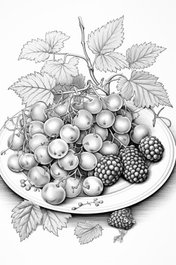 create a blackandwhite coloring page illustration featuring an clair on a beautiful plate elegantly decorated with berries the design must have maximum clarity in detail showcasing the textures layers and decorations of the clair making it suitable for coloring