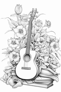 realistic artistic still life with volume that contains a guitar and a vase with tulipans