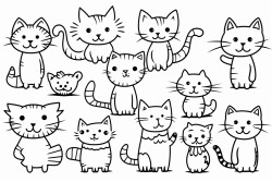 create a collection of playful cartoon cats depicted in various dynamic poses include additional elements such as paw prints fish bones and bows scattered around the cats