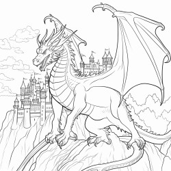 a detailed dragon with scales flying over a castle
