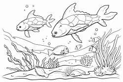 1 sea turtle 1 octopus 1 shark  5 small fish over a coral reef