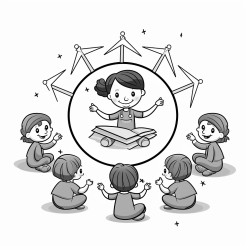teacher helping a kindergarteners in circle time the space includes learning tools like books puzzles and pencils