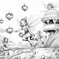 a diverse group of happy fairies pick magical fruits in an orchard on a sunny day with pleasant breeze