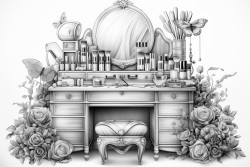 a chic vanity with an elegant mirror surrounded by makeup brushes foundations eyeshadow palettes and lipstick tubes