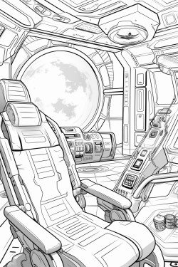 futuristic cabin of a spaceship in space with screens with a helm and with a bed