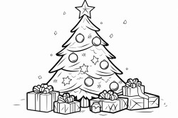 a decorated christmas tree with ornaments lights and a star on top presents are stacked beneath the tree