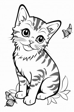 domestic house cat looking at butterfly white background black outline