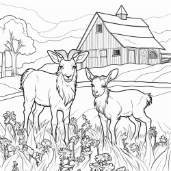 goats in the field with barn