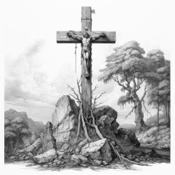 create an image of a solemn scene with a prominent cross in the center representing a significant