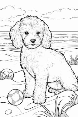 puppy at the beach playing with a ball