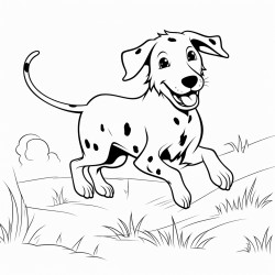 a spotted black and white dog running through the field of green grass