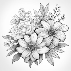 a coloring book page flower bouquet clean white background thick black outline no shadow no shading no grayscale