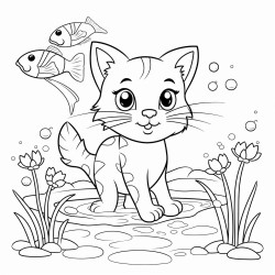 gato saltando desde un tejado con el jardin lleno de peces