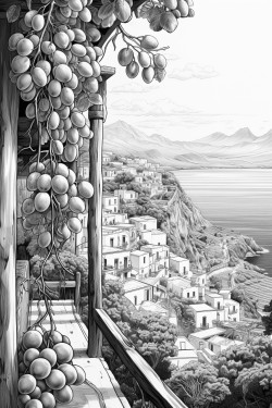 view of amalfi coast with a few large lemons hanging from vines overhead