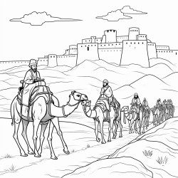 a camel caravan crossing the desert near the city walls