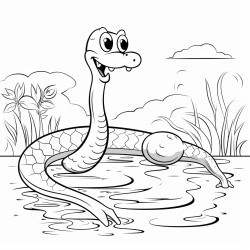 a snake in a lake with a rake on the side of the lake