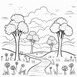 make me a drawing page of trees and a field with flowers