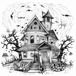 a haunted house and spooky halloween things in a storm and letters spelling happy stormoween