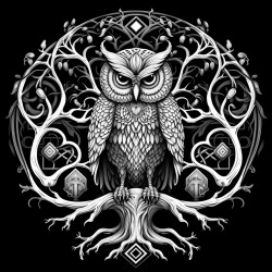a dark spiritual themed scene with the tree of life an owl and sacred geometry