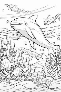 ocean scene underwater with lots of sea animals colorful fish coral reefs and a friendly dolphin