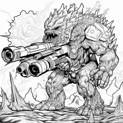 a monster made of lava shooting a lava minigun
