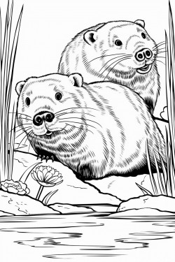 2 beavers in a wetland one is doing aquafit and the other is eating and really big can you please generate that image