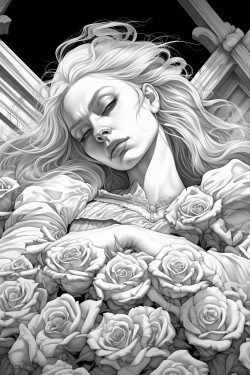 vampire in flowing white gown looking at viewer lying in coffin filled overflowing with white roses