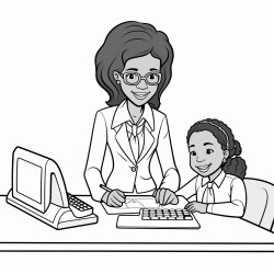 a black girl dressed in a business suit sitting at a desk with a client and a calculator on the desk