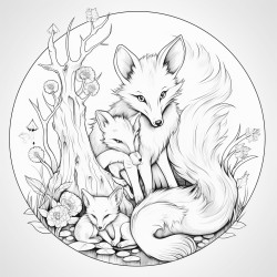 wild fox and its babies under a tree