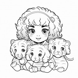 angloindian girl curly hair playing with 3 tiger cubs lineart kawaii style minimalist coloring book page