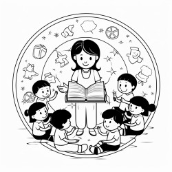 teacher helping a kindergarteners in circle time the space includes learning tools like books puzzles and pencils