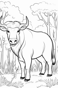 a tamaraw buffalo standing in a clearing in a forest with tall trees and shrubs around it
