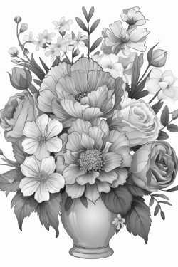 beautiful flowers of various shapes and sizes in a vase with a lot of details