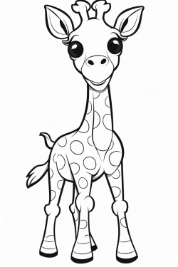 black and bright white whimsical cartoon baby giraffe full body on white background coloring page