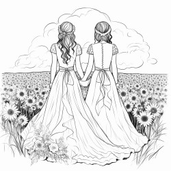 the backs of two brides in a field of flowers