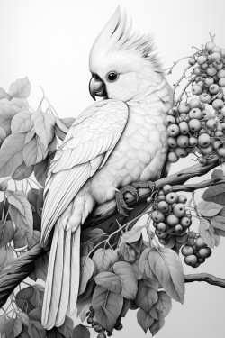 cockatiel perched on branch with berries