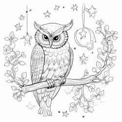 create a blackandwhite coloring page featuring an owl perched on a tree branch at night the owl should have bold clear outlines surrounded by intricate designs of stars a crescent moon and whimsical clouds include simple details like leaves and small forest creatures