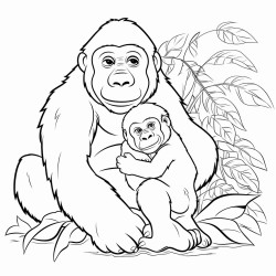 mountain gorilla  a mountain gorilla sitting under a tree cradling a baby gorilla with large leaves around them